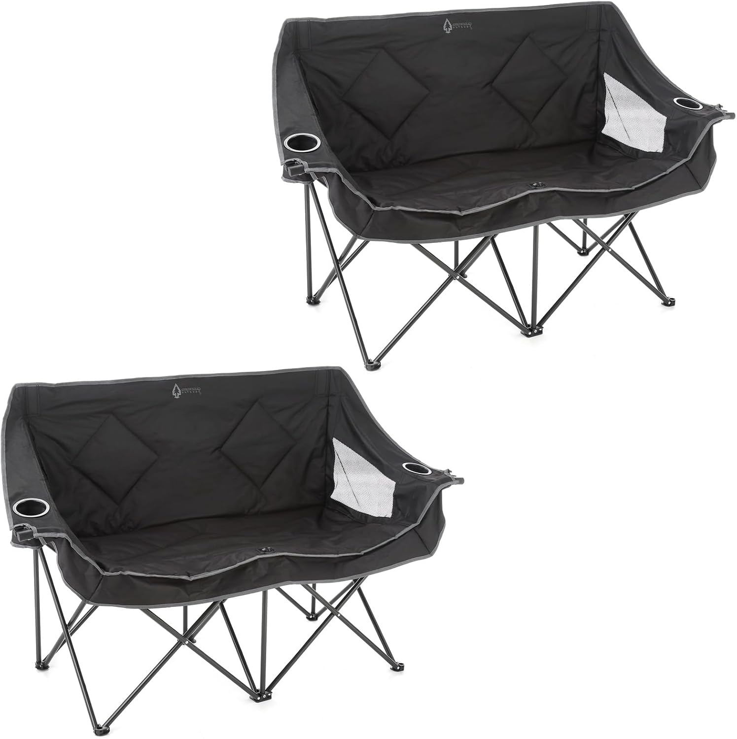 ARROWHEAD OUTDOOR Portable Folding Double Duo Camping Chair Loveseat w/ 2 Cup & Wine Glass Holder, Carrying Bag, Supports up to 500lbs