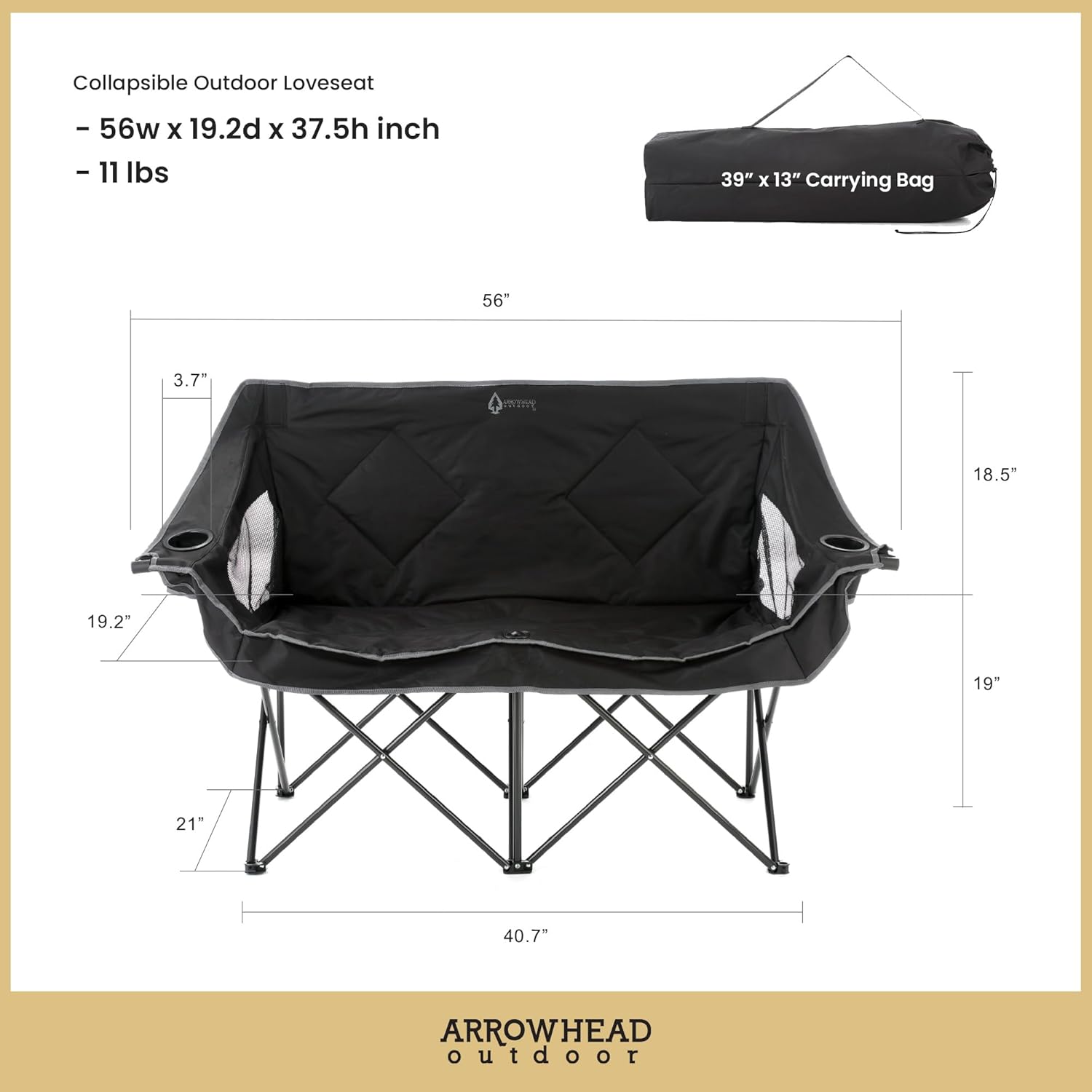 ARROWHEAD OUTDOOR Portable Folding Double Duo Camping Chair Loveseat w/ 2 Cup & Wine Glass Holder, Carrying Bag, Supports up to 500lbs - Image 3