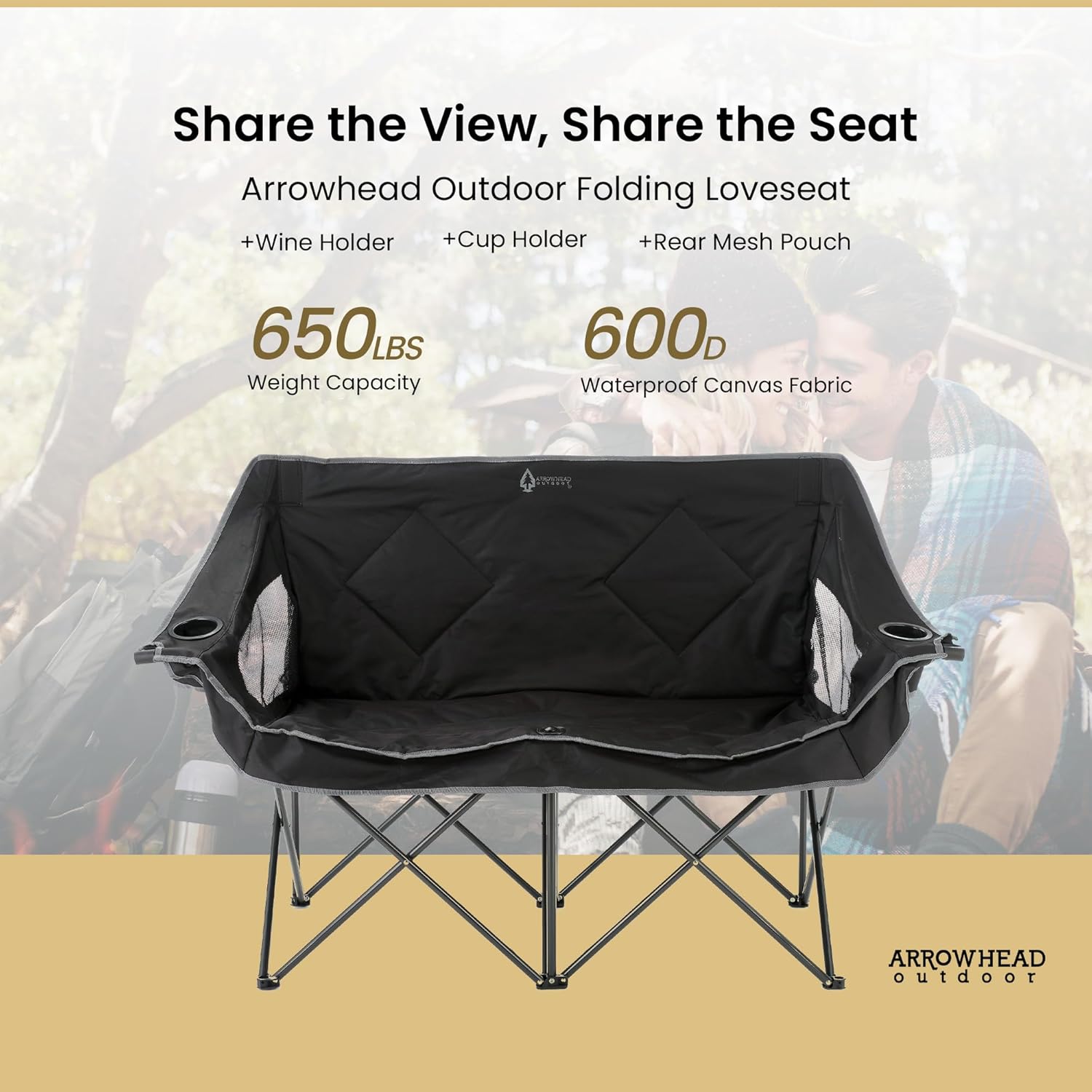 ARROWHEAD OUTDOOR Portable Folding Double Duo Camping Chair Loveseat w/ 2 Cup & Wine Glass Holder, Carrying Bag, Supports up to 500lbs - Image 4