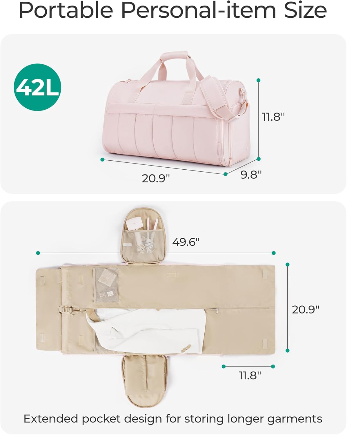 Garment Duffel Bag, Convertible 2-in-1 Puffy Water-Resistant Carry-On with Shoe Compartment, Khaki - Image 2