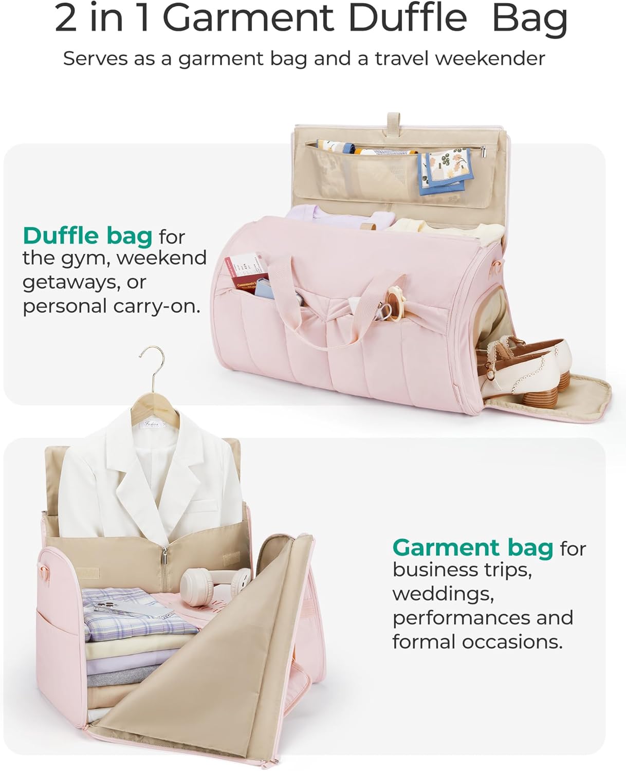 Garment Duffel Bag, Convertible 2-in-1 Puffy Water-Resistant Carry-On with Shoe Compartment, Khaki - Image 3