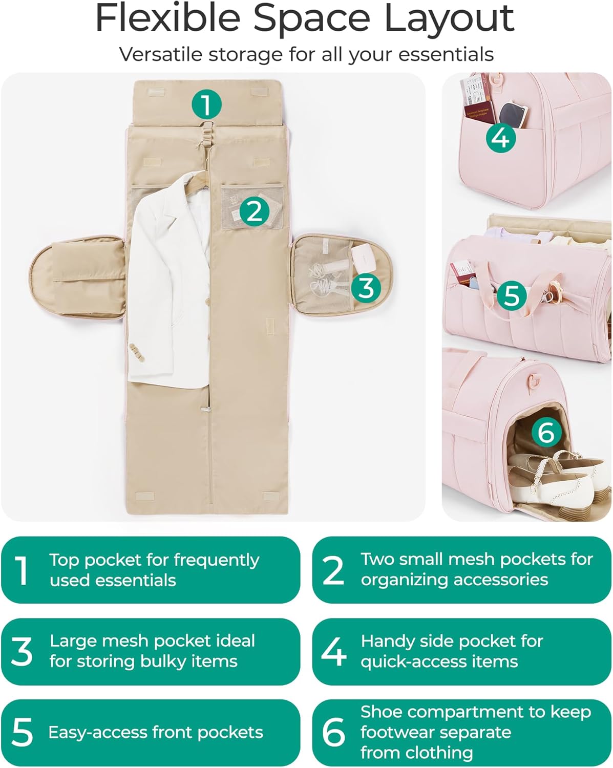 Garment Duffel Bag, Convertible 2-in-1 Puffy Water-Resistant Carry-On with Shoe Compartment, Khaki - Image 4