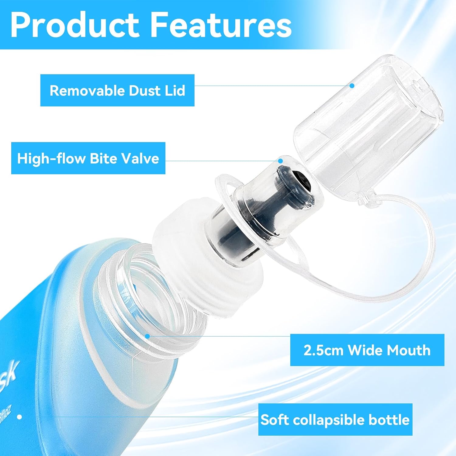 FR 250ml Soft Flask, Collapsible Soft Water Bottle for Hydration Packs - Running & Hiking Folding Water Bottle (White) - Image 3