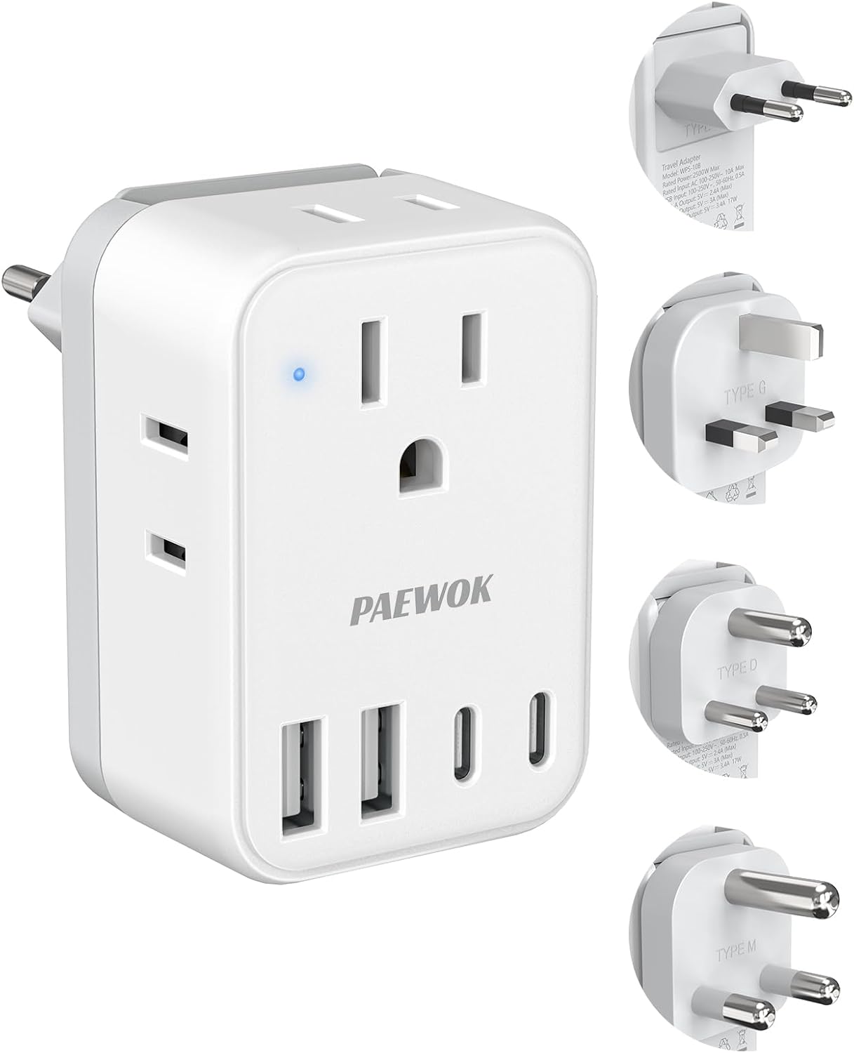 International Travel Adapter Set, US to UK/EU/South Africa/India Universal Power Adapter- 4 AC Outlets 4 USB Ports (2 USB C), Travel Plug Adapter Kit Include Type G/C/M/D Detachable Plug