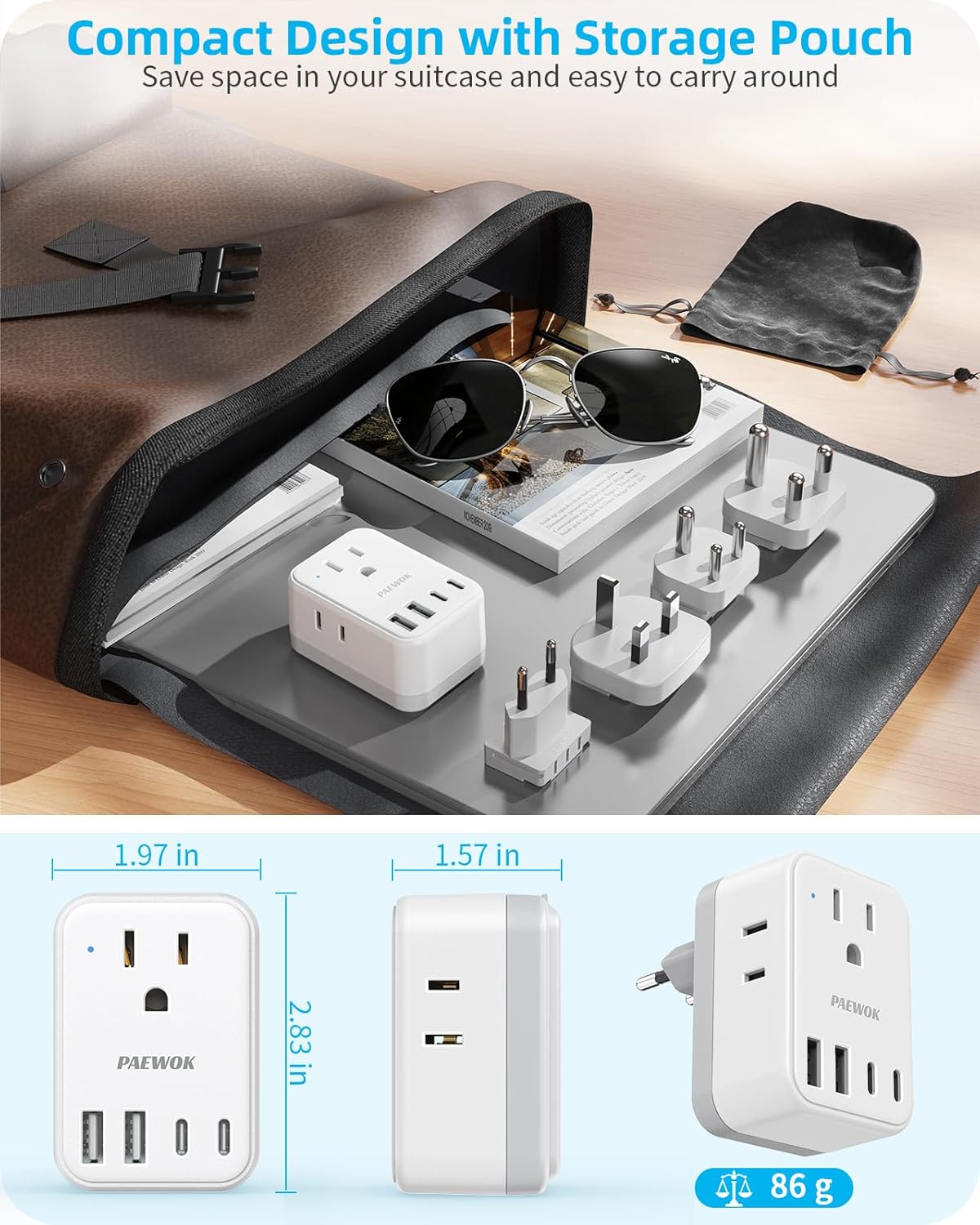 International Travel Adapter Set, US to UK/EU/South Africa/India Universal Power Adapter- 4 AC Outlets 4 USB Ports (2 USB C), Travel Plug Adapter Kit Include Type G/C/M/D Detachable Plug - Image 5