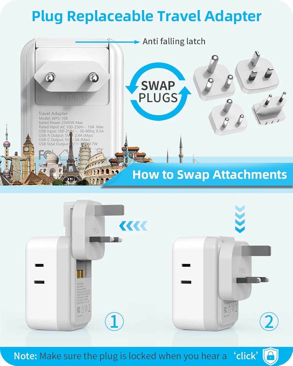 International Travel Adapter Set, US to UK/EU/South Africa/India Universal Power Adapter- 4 AC Outlets 4 USB Ports (2 USB C), Travel Plug Adapter Kit Include Type G/C/M/D Detachable Plug - Image 6