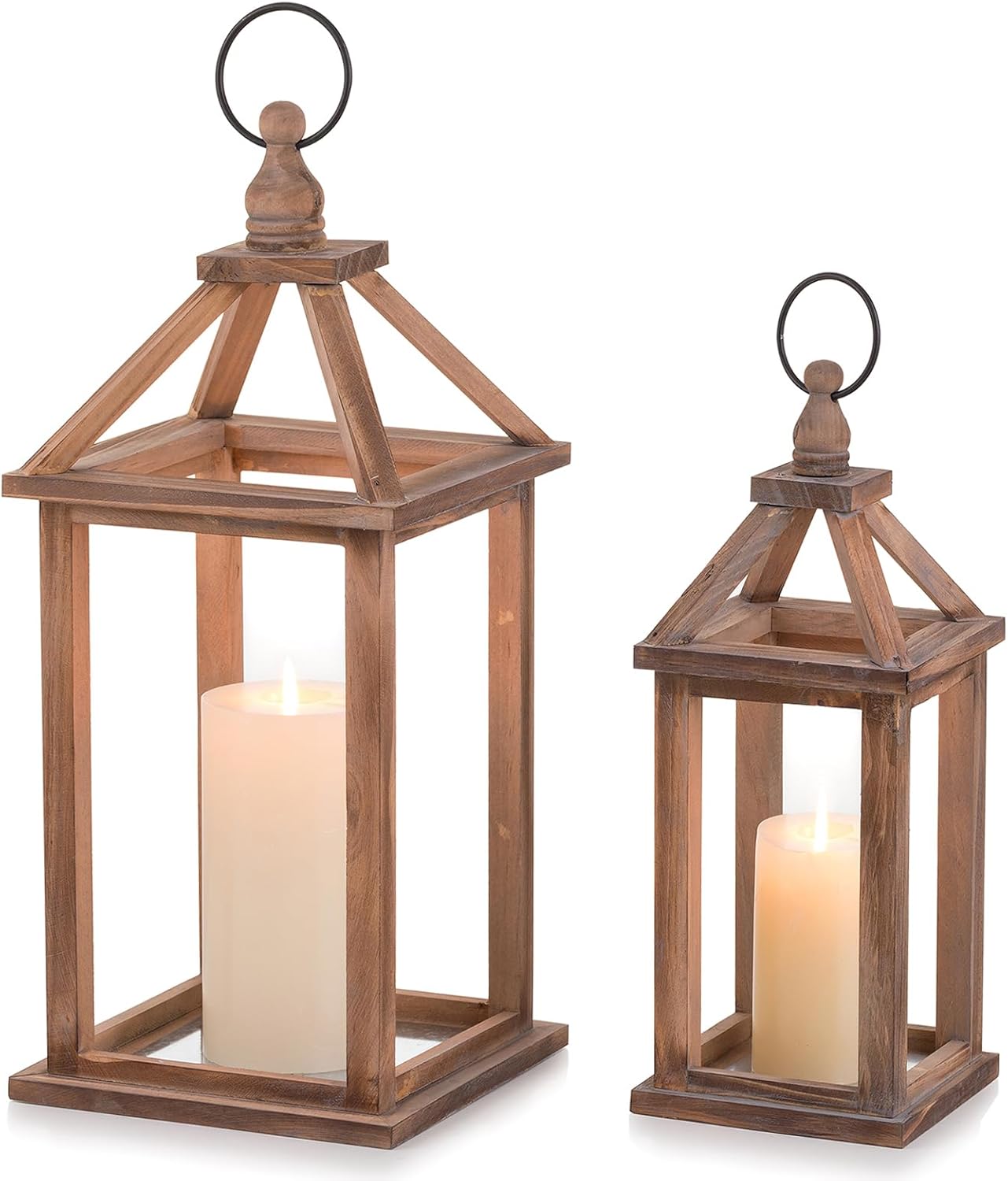 Romadedi Farmhouse Wood Candle Lantern - 12" / 16" Set of 2 Rustic Wooden Lanterns Decorative Candle Holder Home Decor Wedding Table Centerpiece Indoor Outdoor Fireplace Decorations, Brown