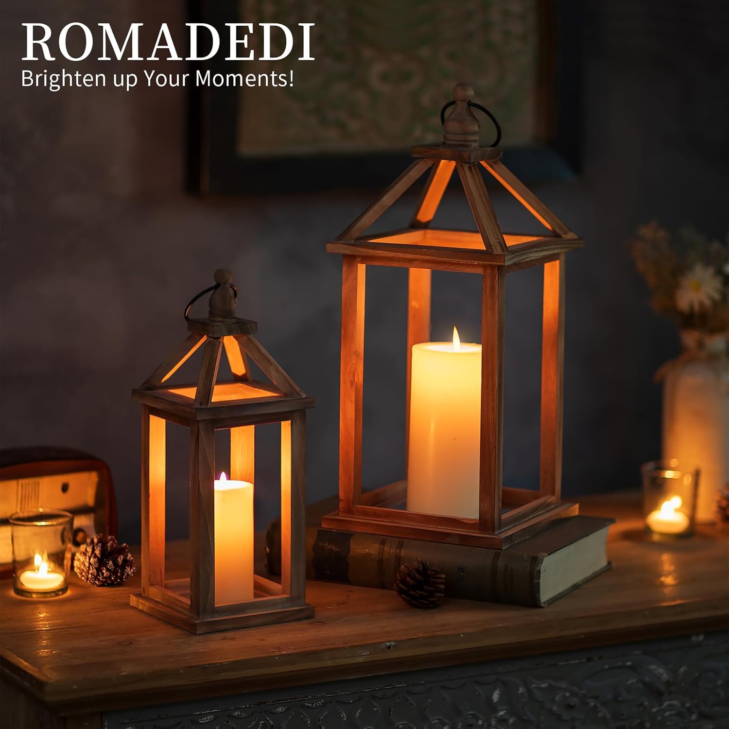 Romadedi Farmhouse Wood Candle Lantern - 12" / 16" Set of 2 Rustic Wooden Lanterns Decorative Candle Holder Home Decor Wedding Table Centerpiece Indoor Outdoor Fireplace Decorations, Brown - Image 2