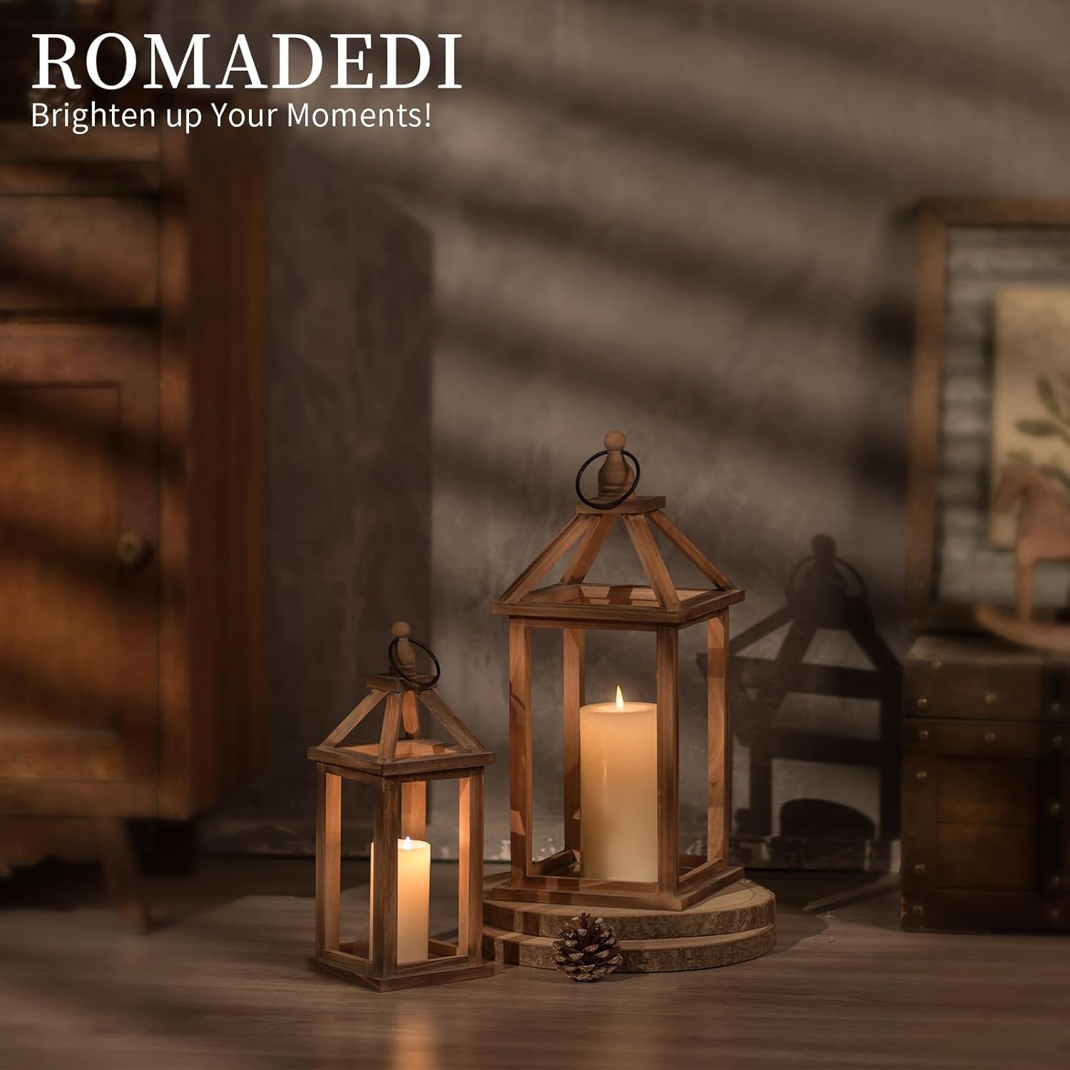 Romadedi Farmhouse Wood Candle Lantern - 12" / 16" Set of 2 Rustic Wooden Lanterns Decorative Candle Holder Home Decor Wedding Table Centerpiece Indoor Outdoor Fireplace Decorations, Brown - Image 3