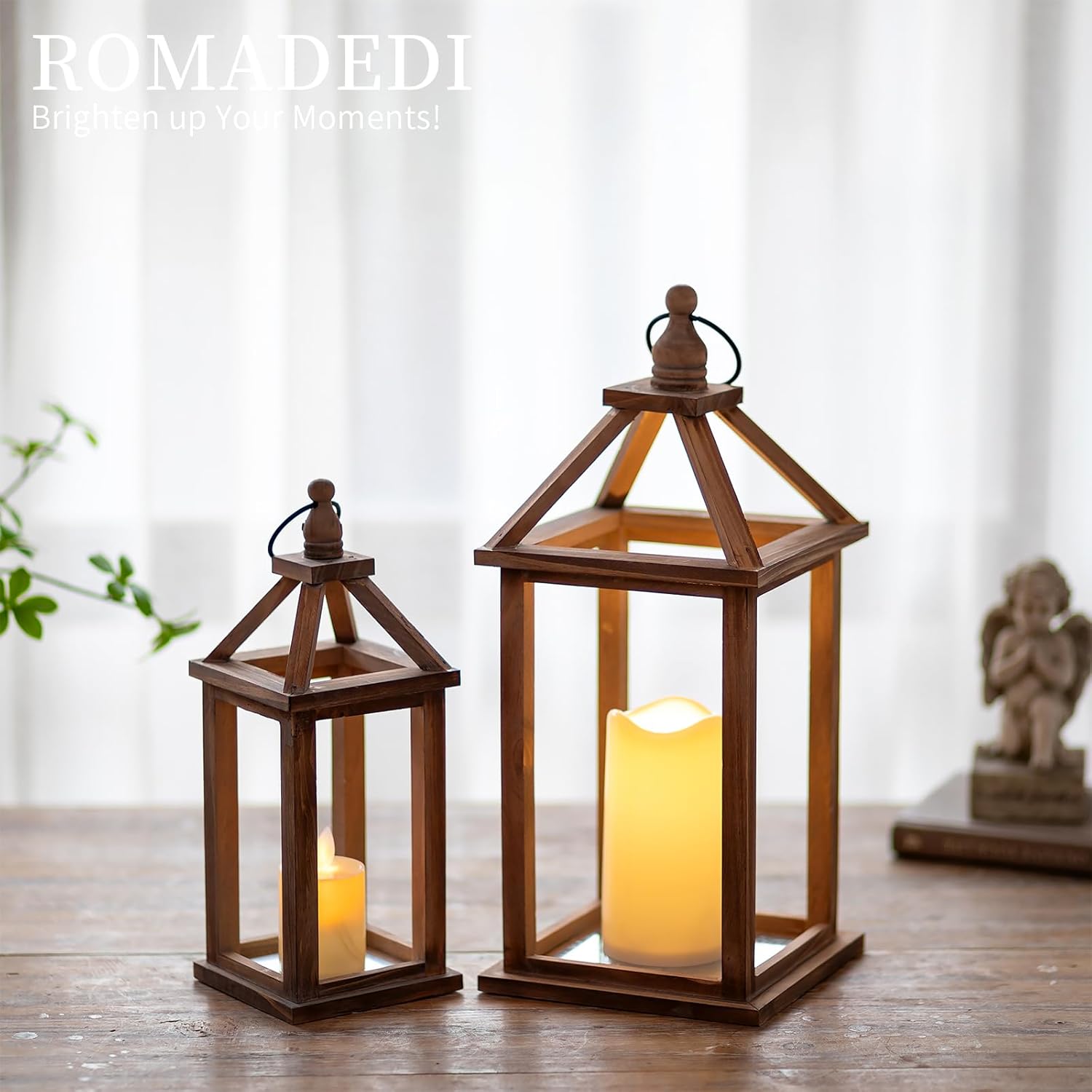 Romadedi Farmhouse Wood Candle Lantern - 12" / 16" Set of 2 Rustic Wooden Lanterns Decorative Candle Holder Home Decor Wedding Table Centerpiece Indoor Outdoor Fireplace Decorations, Brown - Image 4