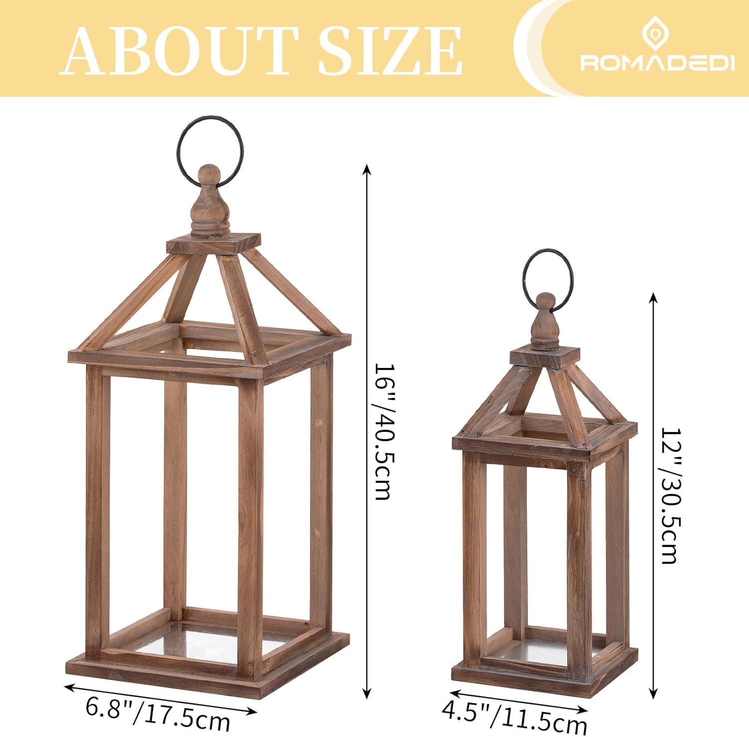 Romadedi Farmhouse Wood Candle Lantern - 12" / 16" Set of 2 Rustic Wooden Lanterns Decorative Candle Holder Home Decor Wedding Table Centerpiece Indoor Outdoor Fireplace Decorations, Brown - Image 5