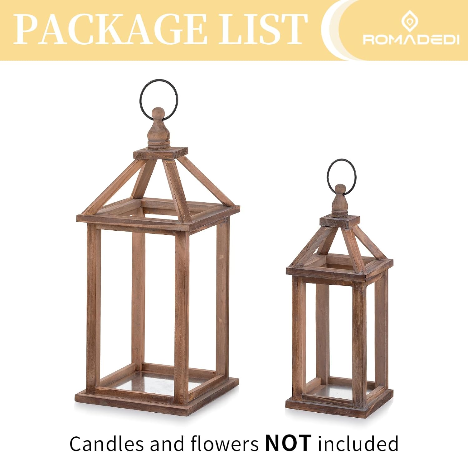 Romadedi Farmhouse Wood Candle Lantern - 12" / 16" Set of 2 Rustic Wooden Lanterns Decorative Candle Holder Home Decor Wedding Table Centerpiece Indoor Outdoor Fireplace Decorations, Brown - Image 7