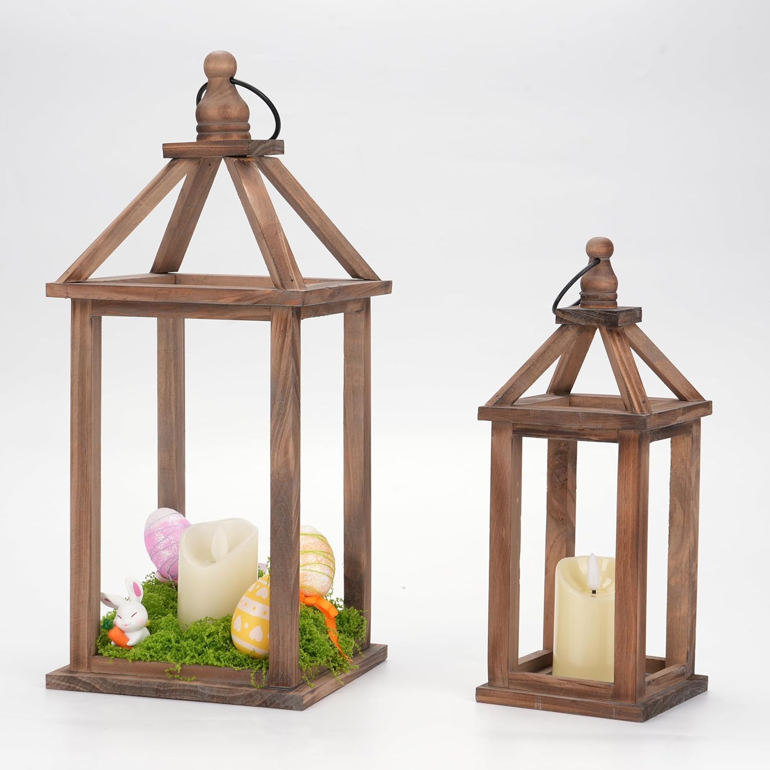 Romadedi Farmhouse Wood Candle Lantern - 12" / 16" Set of 2 Rustic Wooden Lanterns Decorative Candle Holder Home Decor Wedding Table Centerpiece Indoor Outdoor Fireplace Decorations, Brown - Image 8