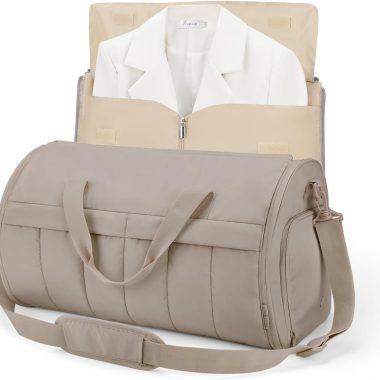 Garment Duffel Bag, Convertible 2-in-1 Puffy Water-Resistant Carry-On with Shoe Compartment, Khaki