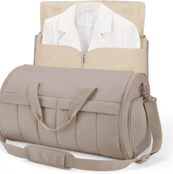Garment Duffel Bag, Convertible 2-in-1 Puffy Water-Resistant Carry-On with Shoe Compartment, Khaki