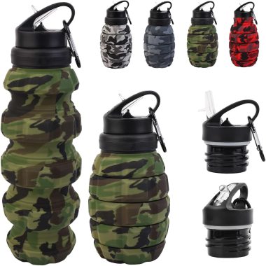 Collapsible Travel Water Bottle18oz, Reuseable Silicone Foldable Water Bottles for Gym Camping Hiking, Portable Leak Proof Sports Water Bottle with rugby Carabiner (Green)