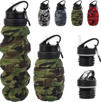 Collapsible Travel Water Bottle18oz, Reuseable Silicone Foldable Water Bottles for Gym Camping Hiking, Portable Leak Proof Sports Water Bottle with rugby Carabiner (Green)