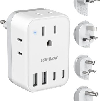International Travel Adapter Set, US to UK/EU/South Africa/India Universal Power Adapter- 4 AC Outlets 4 USB Ports (2 USB C), Travel Plug Adapter Kit Include Type G/C/M/D Detachable Plug