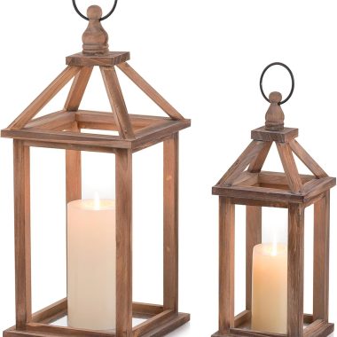 Romadedi Farmhouse Wood Candle Lantern – 12″ / 16″ Set of 2 Rustic Wooden Lanterns Decorative Candle Holder Home Decor Wedding Table Centerpiece Indoor Outdoor Fireplace Decorations, Brown