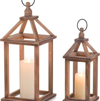 Romadedi Farmhouse Wood Candle Lantern – 12″ / 16″ Set of 2 Rustic Wooden Lanterns Decorative Candle Holder Home Decor Wedding Table Centerpiece Indoor Outdoor Fireplace Decorations, Brown